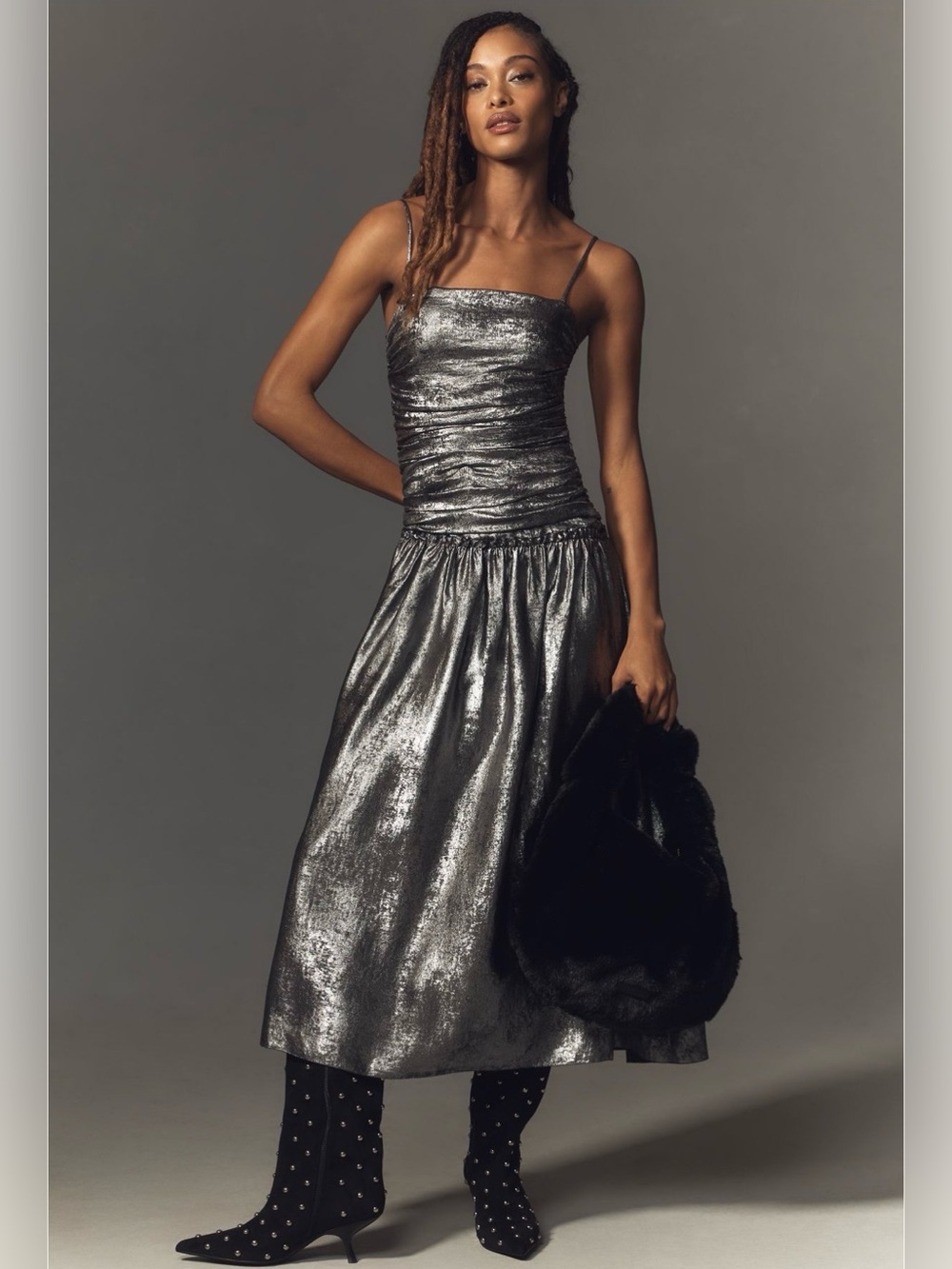 La Maise Studio Ruched Drop-Waist Foil Midi Dress